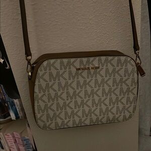 Michael Kors Brown and Cream Crossbody Bag with Monogram Pattern